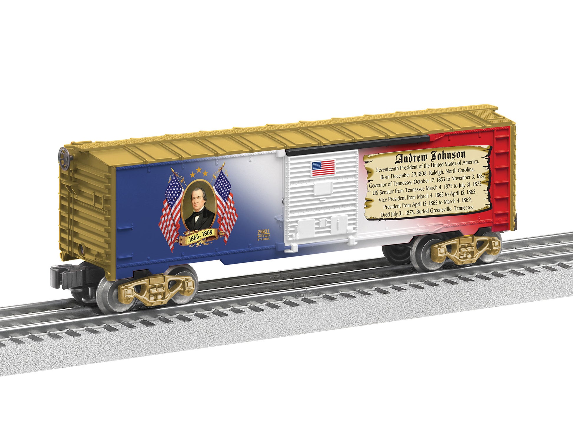 Lionel model train rail car O scale Andrew Johnson Boxcar.