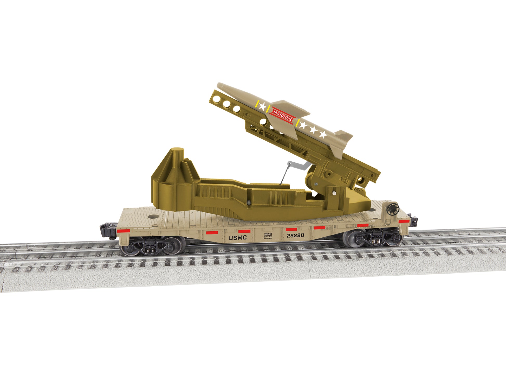 Model train set rail car Lionel Marines Rocket Launcher. Missile is up.