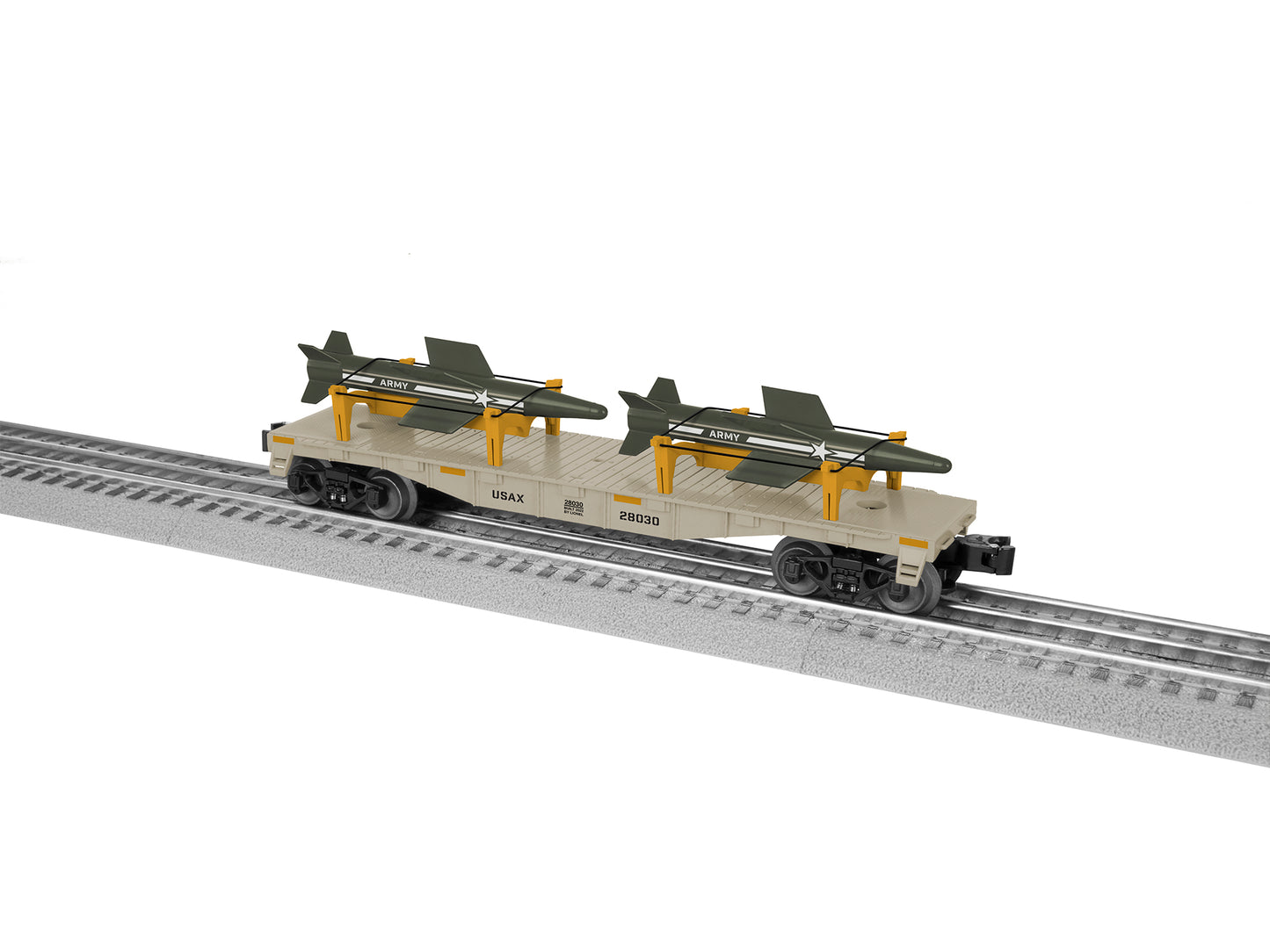 Model train set o scale Lionel Army Missile Flatcar.