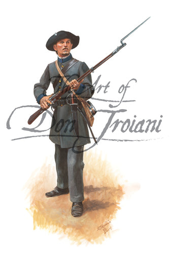 Don Troiani wall art print 23rd Arkansas Regiment. Soldier is carrying a musket and bayonet.