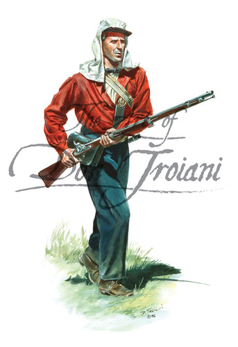 Don Troiani wall art print 1st Minnesota Regiment 1861. Soldier wearing red shirt while holding a musket.