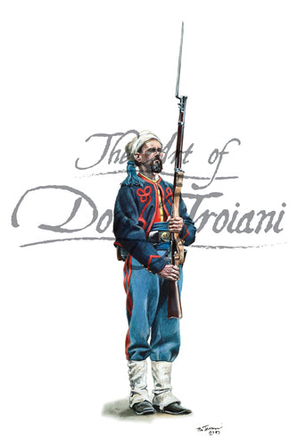 Wall art print 10th New Yourk Volunteers National Zouaves. Soldier wearing blue uniform and holding a musket with bayonet.