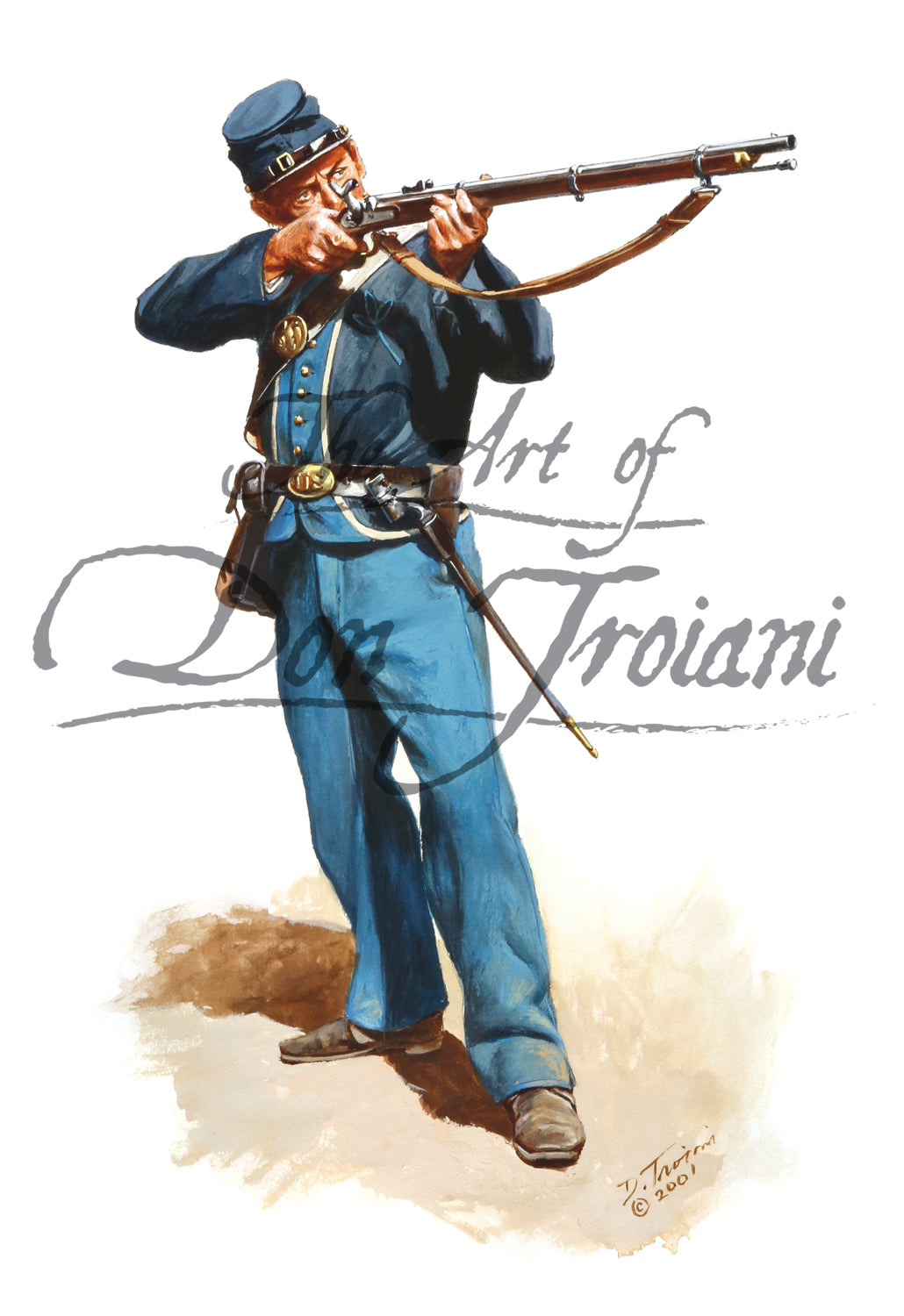 Wall art print 12th Indiana Volunteers. Soldier in blue uniform aiming musket.