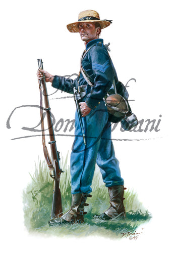 Don Troiani wall art print 16th New York Volunteers 1862. Soldier is wearing a blue uniform.
