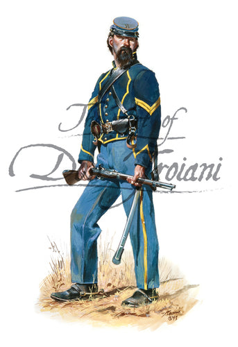 Don Troiani wall art print 2nd Missouri Cavalry Merrill Horse. Soldier is wearing a blue uniform.