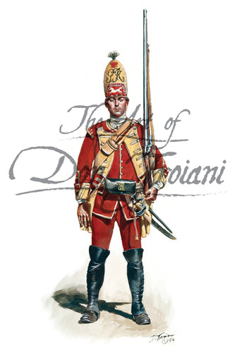 Don Troiani wall art print 40th Regiment of Foot British Grenadier 1759. Soldier is wearing red uniform.