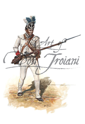 Don Troiani wall art print "Rhode Island Regiment Private". Black soldier in white uniform. He has a musket and bayonet.