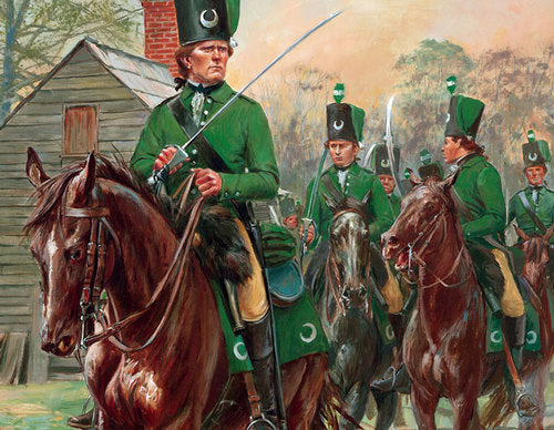 Don Troiani wall art print Queen's Rangers Hussars. Soldiers on horseback wearing green uniforms.