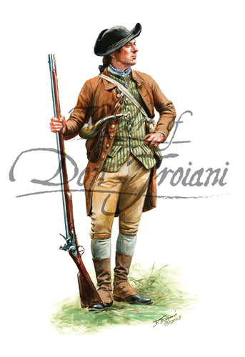 Don Troiani wall art print American Militiaman. Soldier wearing brown clothes and holding a musket.