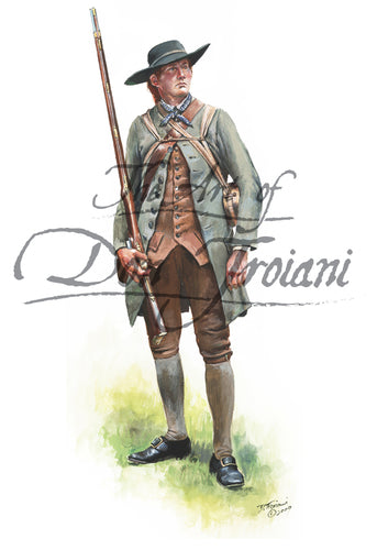 Don Troiani wall art print "American Militiaman". Soldier in brown pants with green jacket. He is holding a musket.
