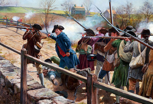 Don Troiani wall art print Concord Bridge. Soldiers firing muskets. They are on a bridge.