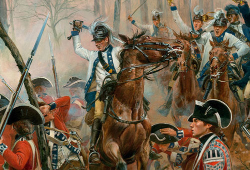 Don Troiani wall art print Battle of Guilford Courthouse. Soldier in white on horse.