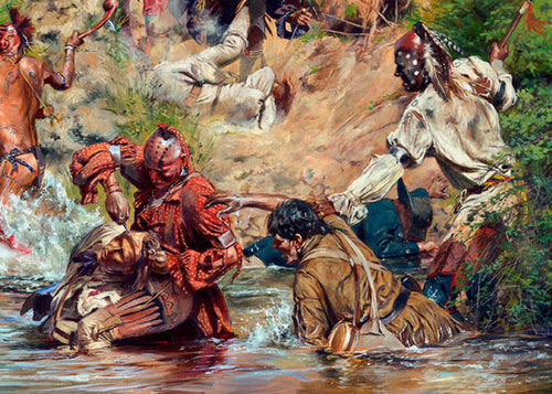 Don Troiani collectible wall art print Ensign Downing's Escape Battle of Wyoming. Soldiers fighting in the river.