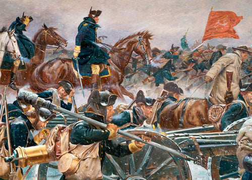 Don Troiani wall art print Victory or Death, Advance on Trenton. Soldiers in blue uniforms. Close up view of the battle.