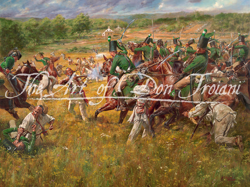 Don Troiani wall art print Chief Nimham's Last Stand. Soldiers in green uniforms on horseback.