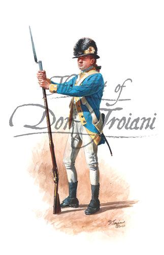 Don Troiani wall art print "Quaker Blues". Soldier wearing white uniform with blue jacket. He is holding a musket with bayonet.