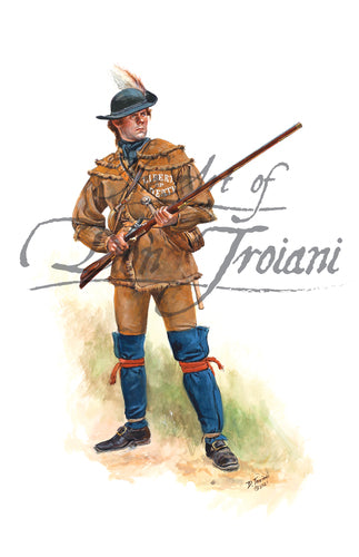Don Troiani wall art print Culpeper Minute Battalion. Soldier wearing a brown uniform with blue leggings. The soldier is holding a musket.