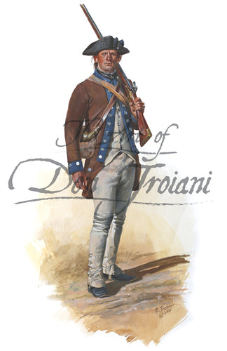 Don Troiani wall art print "Crockett's Western Battalion", Soldier in white uniform with brown jacket. He is holding a musket on his shoulder.