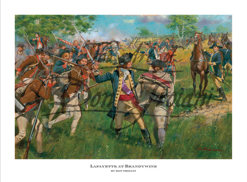Don Troiani wall art print Lafayette at Brandywine. Soldiers in a green field.