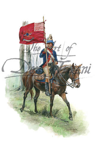 Don Troiani wall art print 2nd Continental Light Dragoons. Dragoon flag bearer on brown horse.