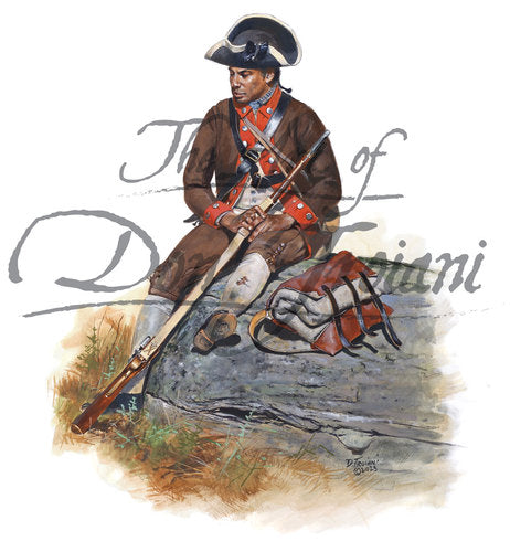 Don Troiani wall art print "Black Private of the 2nd Rhode Island Regiment". Black soldier in brown uniform sitting on rock with his musket.