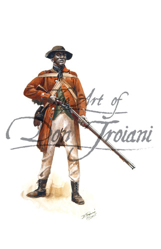 Don Troiani wall art print Black Militiaman of the Spartanburg S.C. Militia. Soldier in white pants with brown jacket. He is holding a musket.