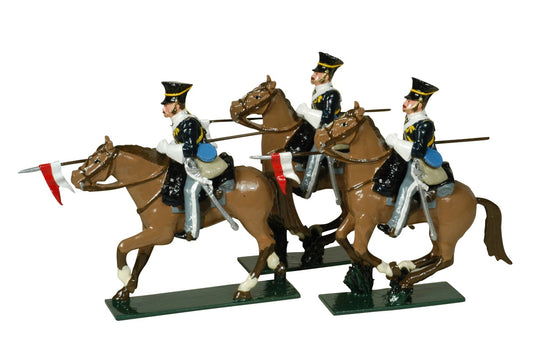 Collectible toy soldier miniature set 17th Lancers. Three men on horseback.