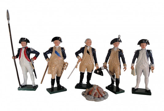 Collectible toy soldier miniatures American Generals. Four generals plus a guard standing around camp fire.