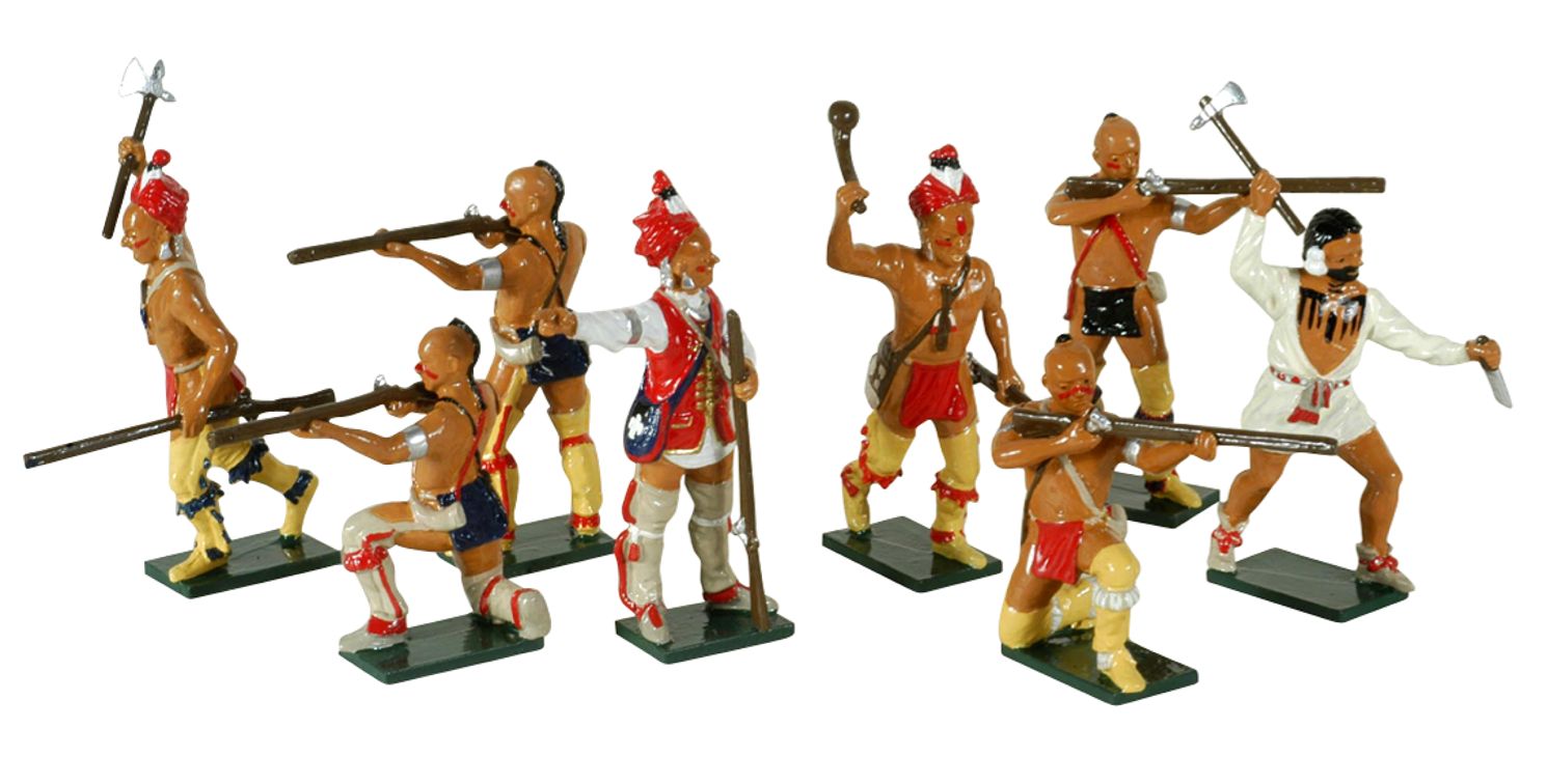 Eight piece toy soldier set American woodland Indians.