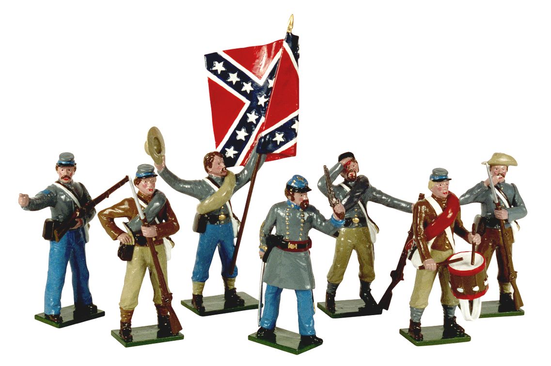 Seven Toy soldier figurines. One holding a flag and a drummer.