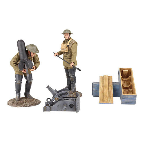 Collectible toy soldier miniature U.S. Mortar Crew with French Crapouillot or Little Toad.