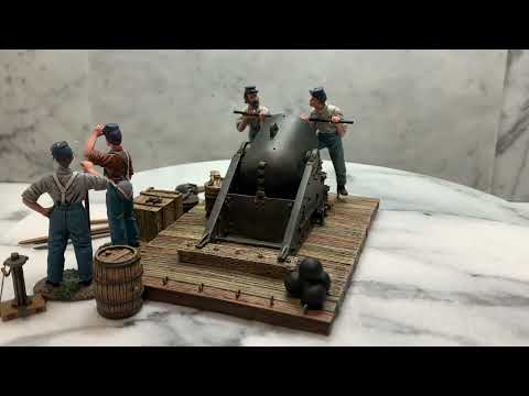 360 degree view of collectible toy soldier miniature American Civil War 13 inch Mortar and 4 Man Crew.
